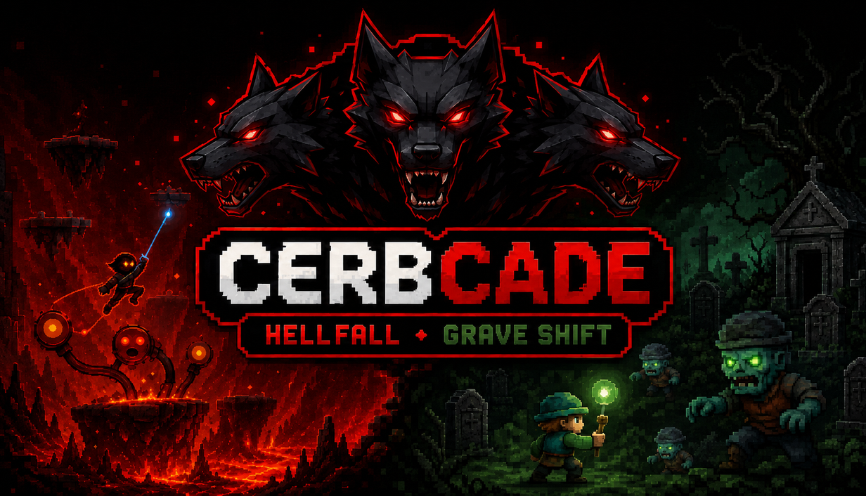 CerbCade key art: the three headed hound above a lava world and a graveyard