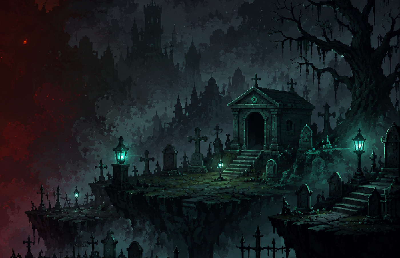 A moonlit graveyard of crosses and a stone mausoleum