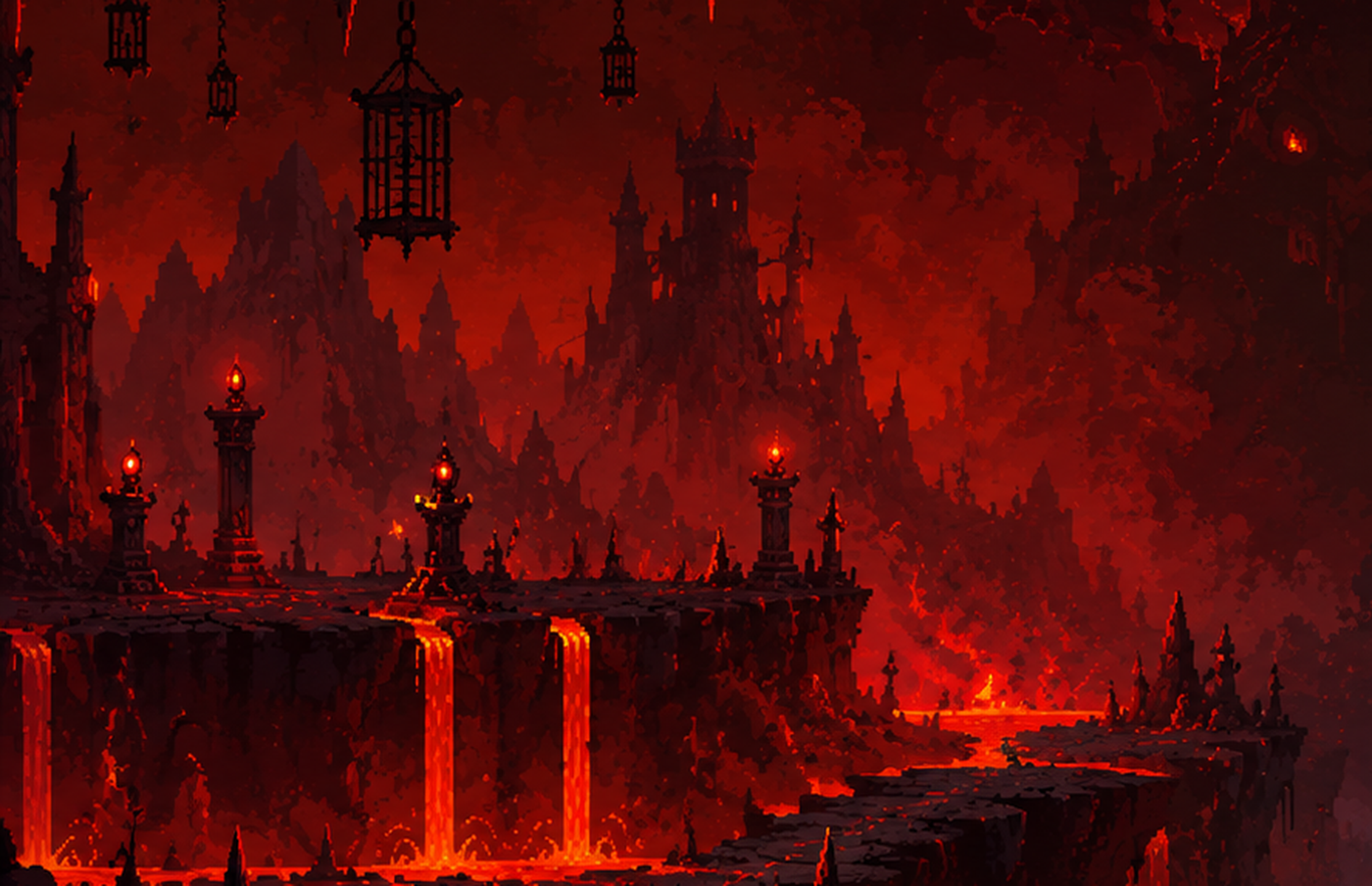 A lava filled cavern of stone ledges and hanging cages