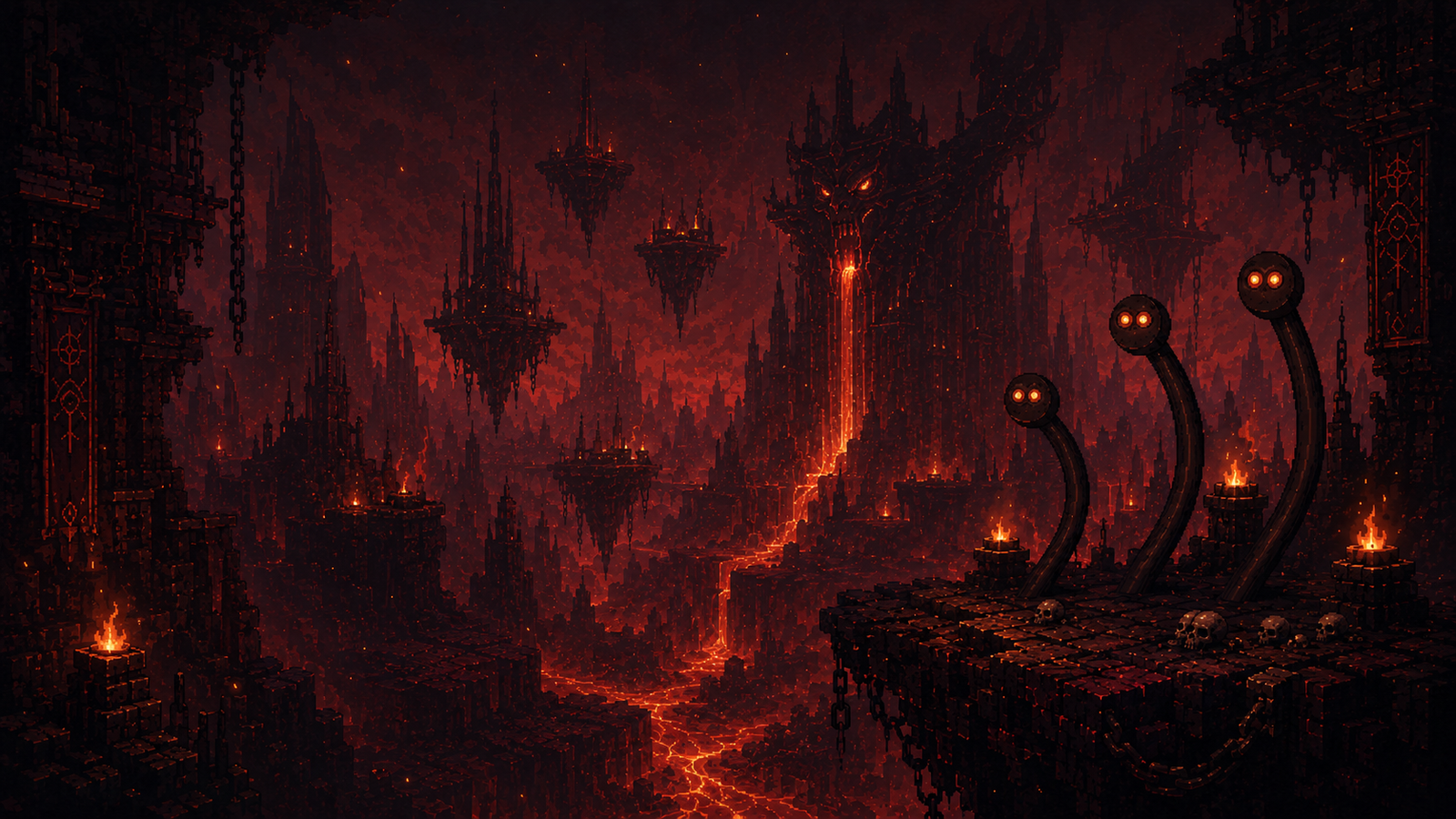 HELLFALL: a burning cavern of ledges and hanging lanterns