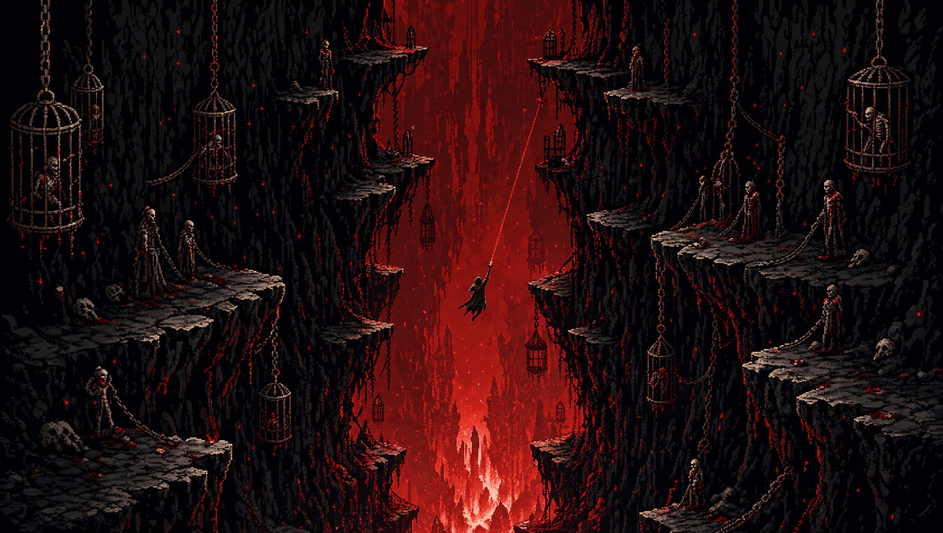 A lone soul falling on a grapple line down a burning shaft in Hell